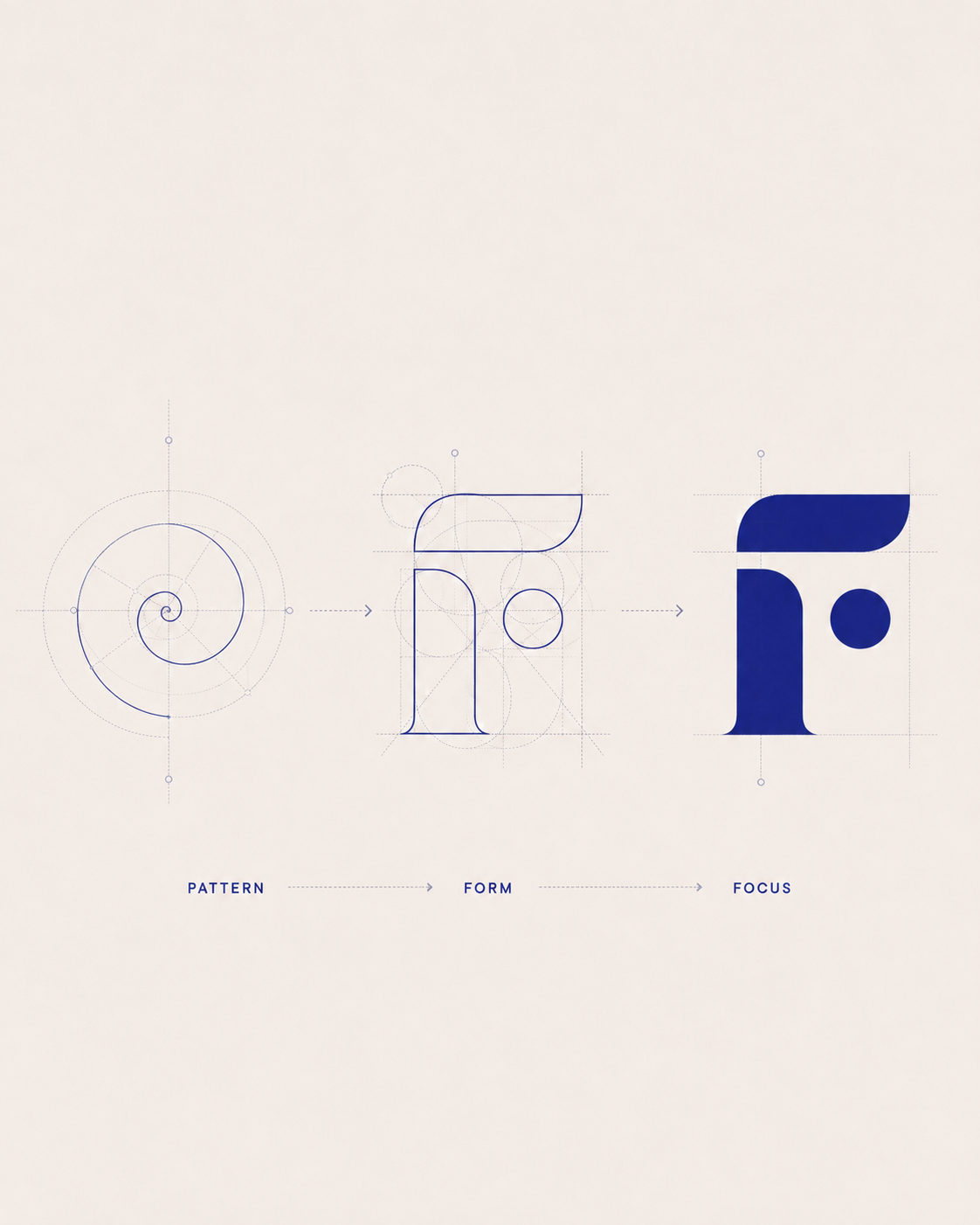 FOCUS F glyph developed from a spiral into controlled geometry